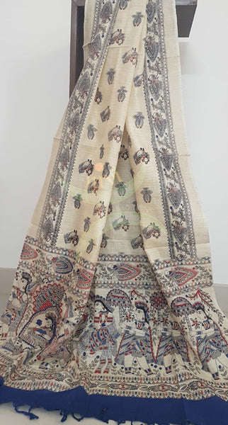 Off white with Blue handloom silk blend  with block printed madhubani motifs 3 piece set