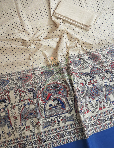 Off white with Blue handloom silk blend  with block printed madhubani motifs 3 piece set