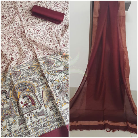 Off white with Maroon handloom silk blend  with block printed madhubani motifs 3 piece set