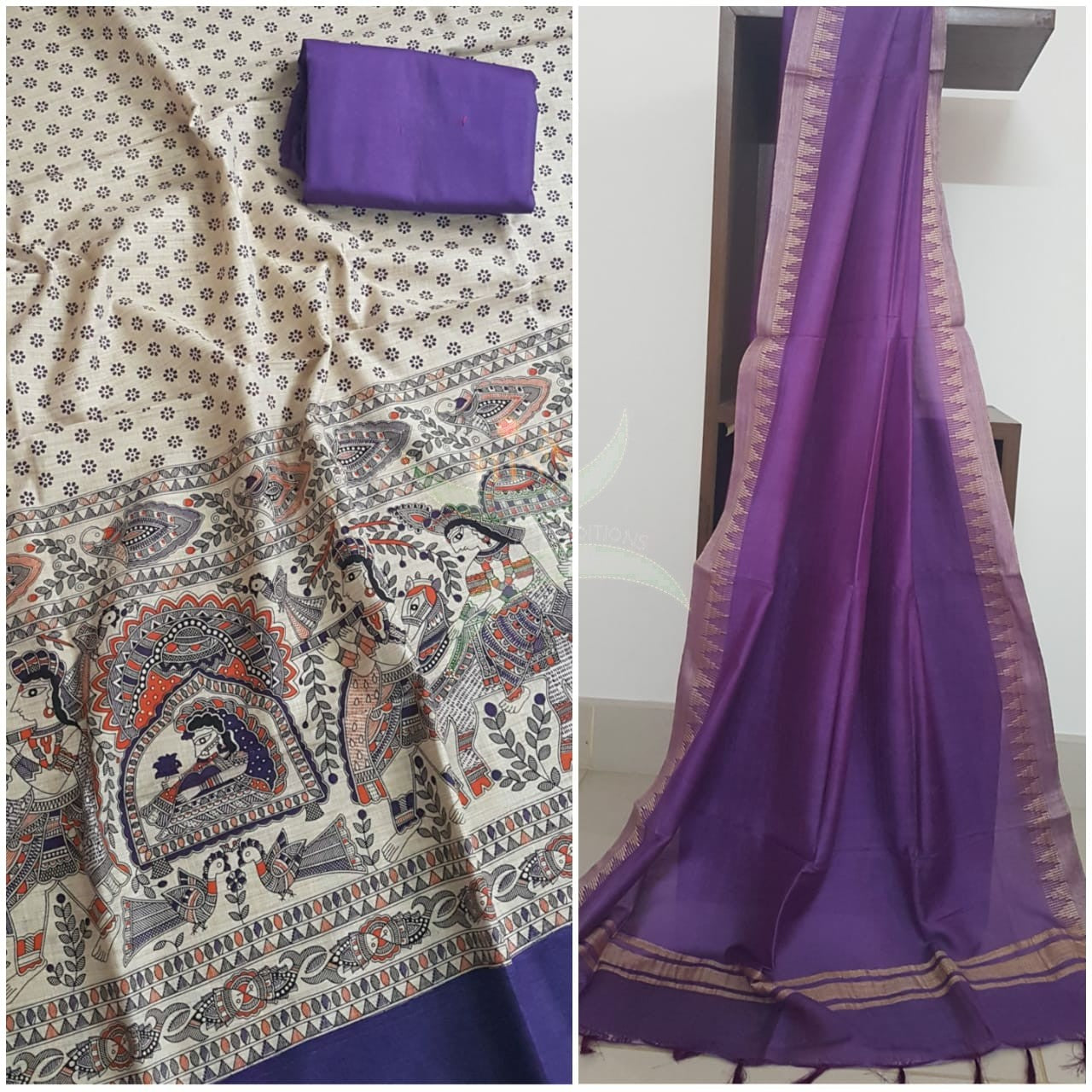 Off white with Purple handloom silk blend  with block printed madhubani motifs 3 piece set