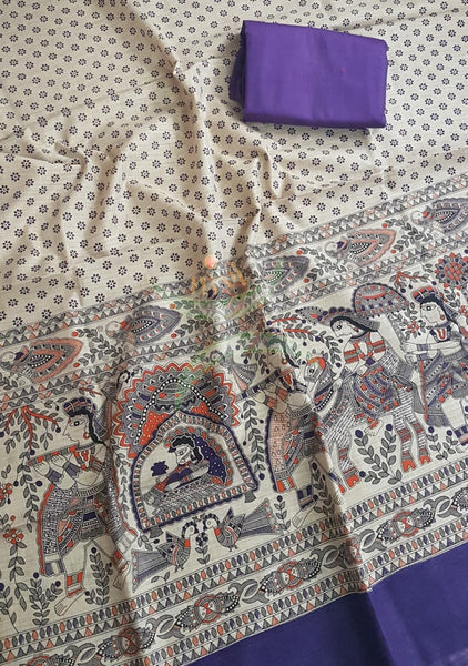 Off white with Purple handloom silk blend  with block printed madhubani motifs 3 piece set