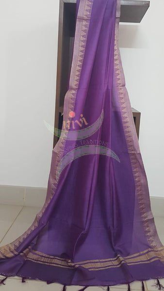 Off white with Purple handloom silk blend  with block printed madhubani motifs 3 piece set