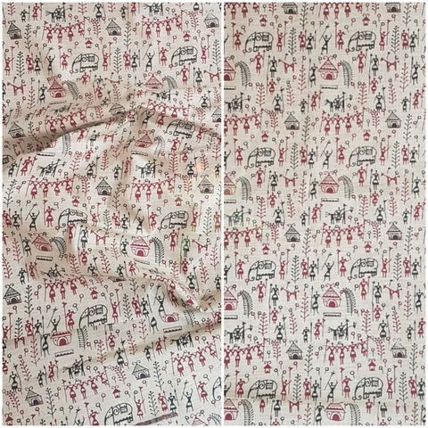 Beige silk blend fabric with warli print