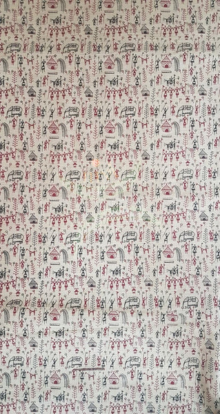 Beige silk blend fabric with warli print