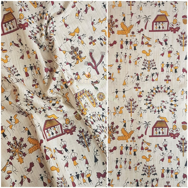 Beige silk blend fabric with warli print