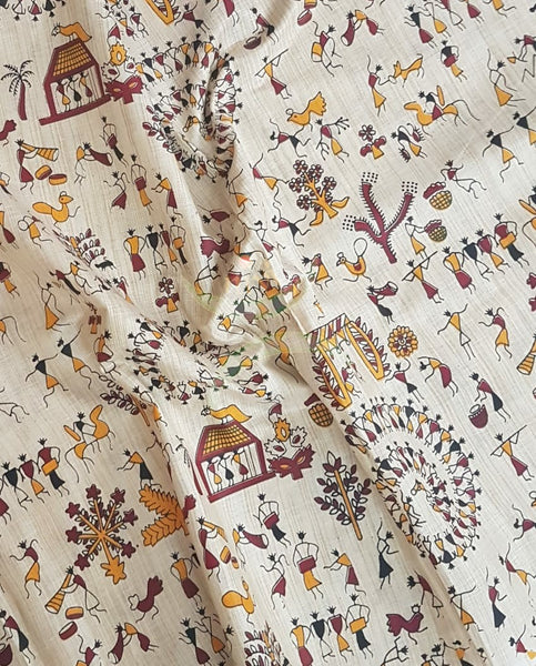 Beige silk blend fabric with warli print