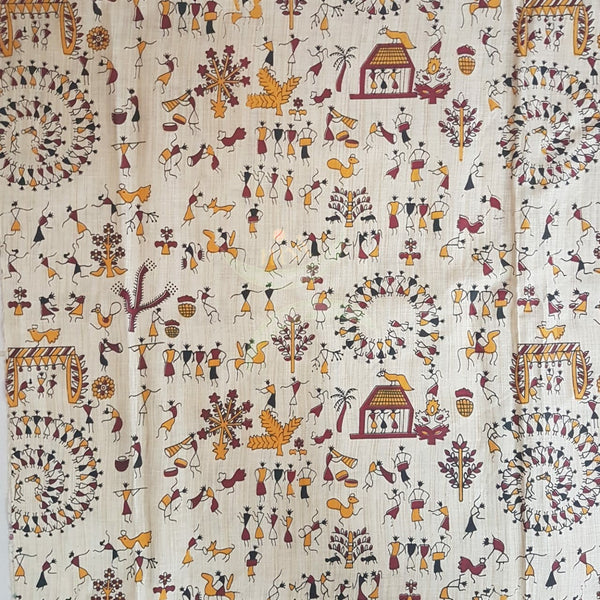 Beige silk blend fabric with warli print