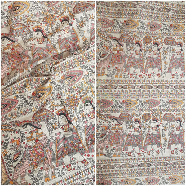 Beige silk blend madhubani motif printed fabric