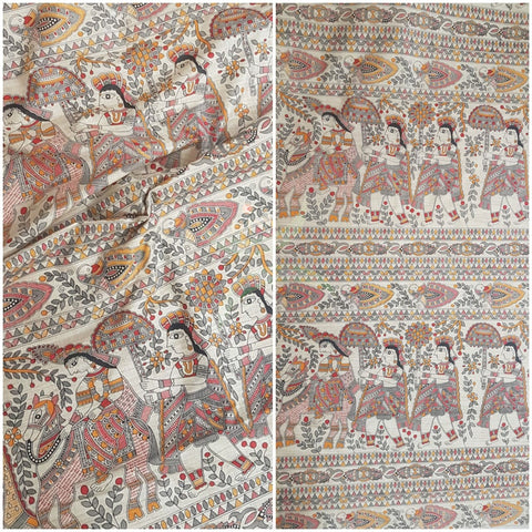 Beige silk blend madhubani motif printed fabric