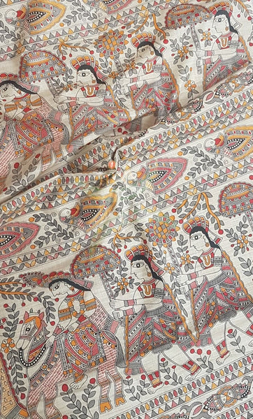 Beige silk blend madhubani motif printed fabric