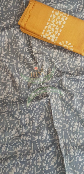 Charcoal grey with Mustard handloom silk batik printed 3 piece set