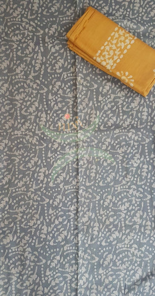Charcoal grey with Mustard handloom silk batik printed 3 piece set