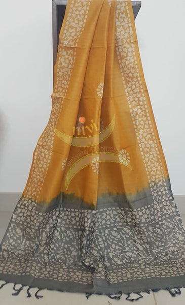 Charcoal grey with Mustard handloom silk batik printed 3 piece set