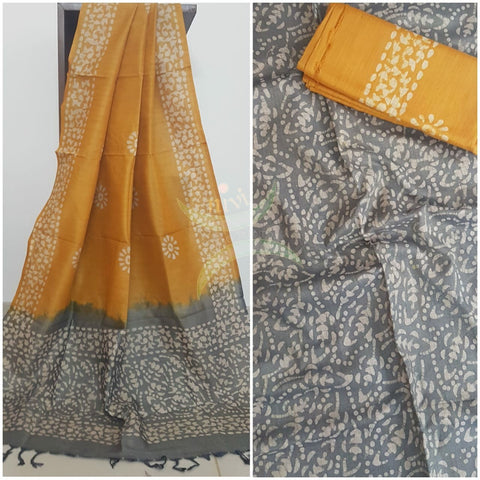 Charcoal grey with Mustard handloom silk batik printed 3 piece set