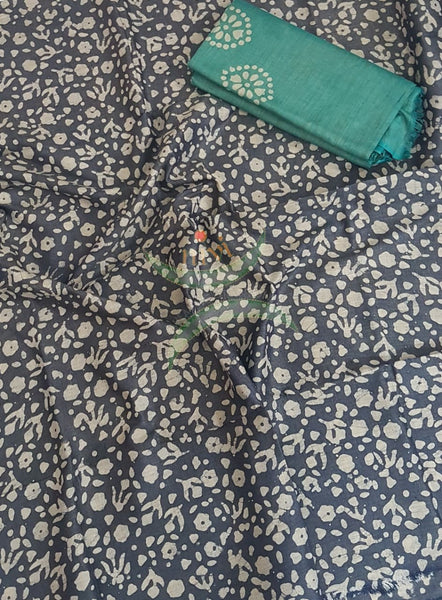 Charcoal grey with Green handloom silk batik printed 3 piece set