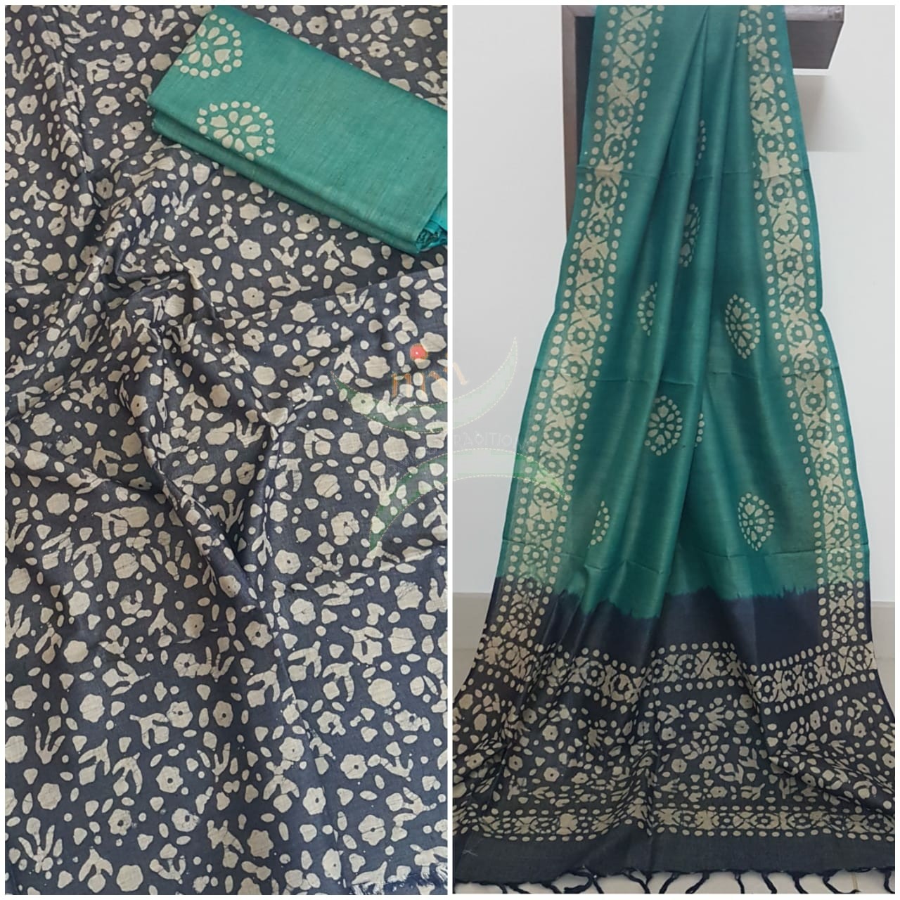 Charcoal grey with Green handloom silk batik printed 3 piece set