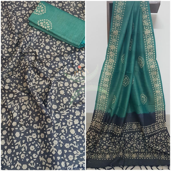 Charcoal grey with Green handloom silk batik printed 3 piece set