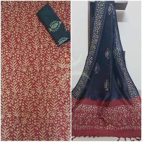 Red with charcoal grey handloom silk blend batik printed 3 piece set