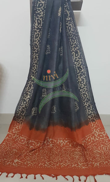 Orange with charcoal grey handloom silk blend batik printed 3 piece set