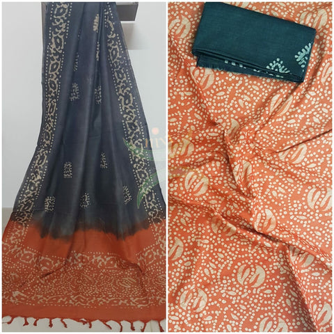 Orange with charcoal grey handloom silk blend batik printed 3 piece set