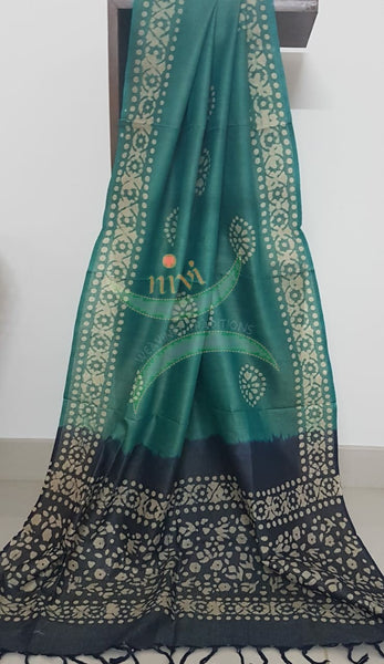 Charcoal grey with Green handloom silk batik printed 3 piece set