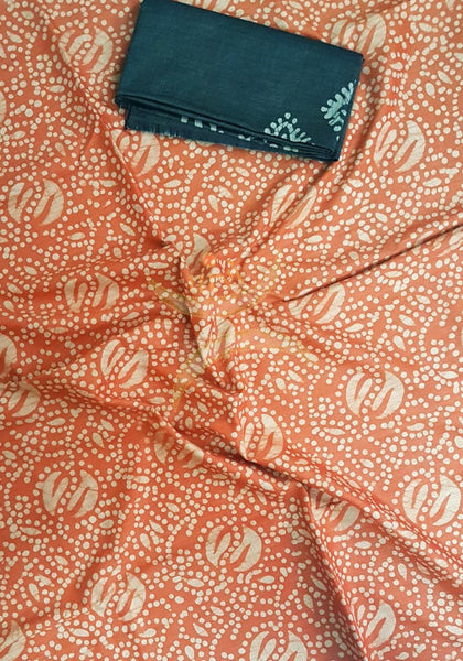 Orange with charcoal grey handloom silk blend batik printed 3 piece set