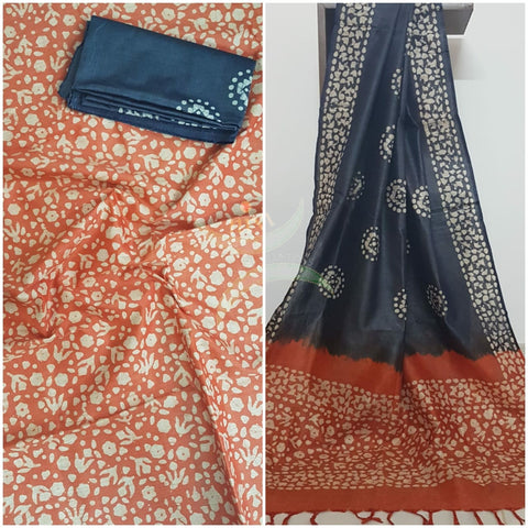 Orange with charcoal grey handloom silk blend batik printed 3 piece set