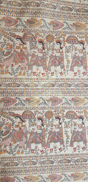 Beige silk blend madhubani motif printed fabric