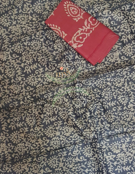 Charcoal grey with Red handloom silk batik printed 3 piece set