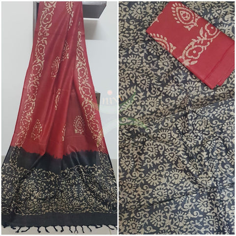 Charcoal grey with Red handloom silk batik printed 3 piece set