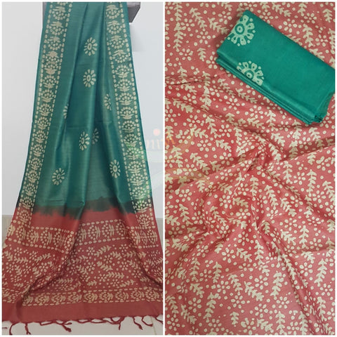 Red with Green handloom silk blend batik printed 3 piece set