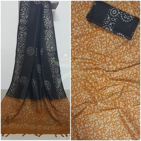 Mustard with Black handloom silk blend batik printed 3 piece set