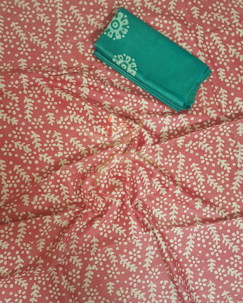 Red with Green handloom silk blend batik printed 3 piece set