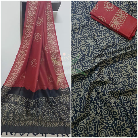 Black with Red handloom silk blend batik printed 3 piece set