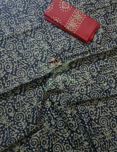 Black with Red handloom silk blend batik printed 3 piece set