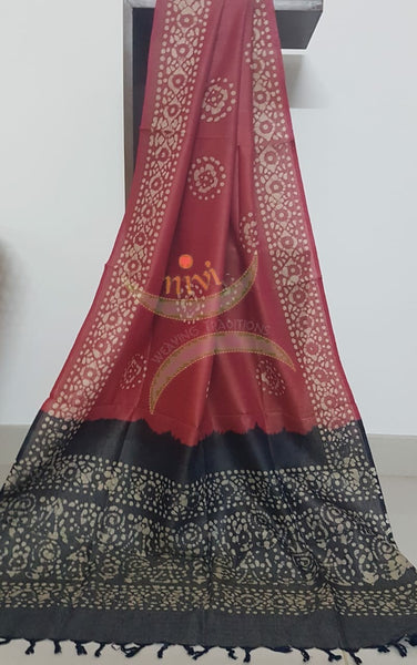 Black with Red handloom silk blend batik printed 3 piece set