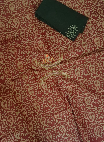 Red with Black handloom silk blend batik printed 3 piece set