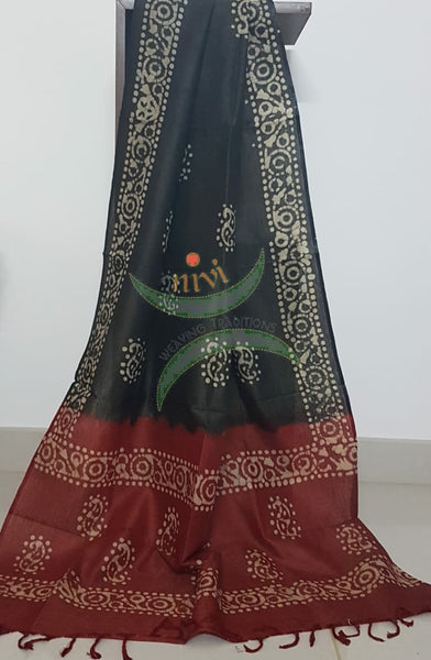 Red with Black handloom silk blend batik printed 3 piece set