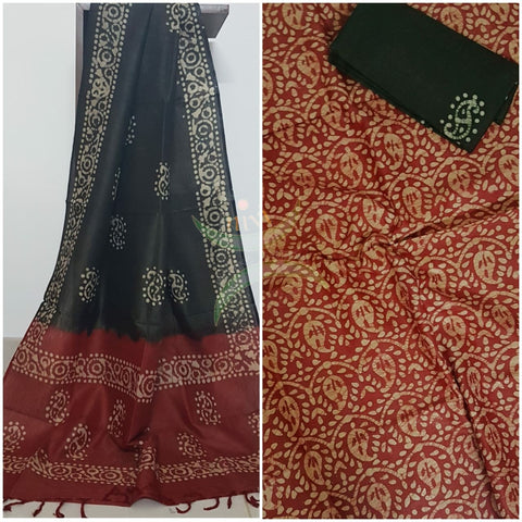 Red with Black handloom silk blend batik printed 3 piece set