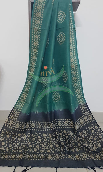 Charcoal grey with Green handloom silk blend batik printed 3 piece set