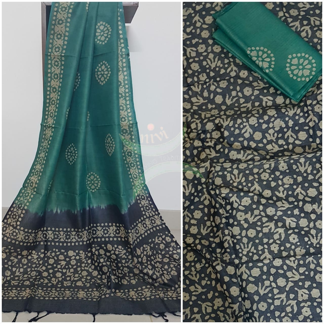 Charcoal grey with Green handloom silk blend batik printed 3 piece set