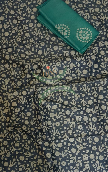 Charcoal grey with Green handloom silk blend batik printed 3 piece set
