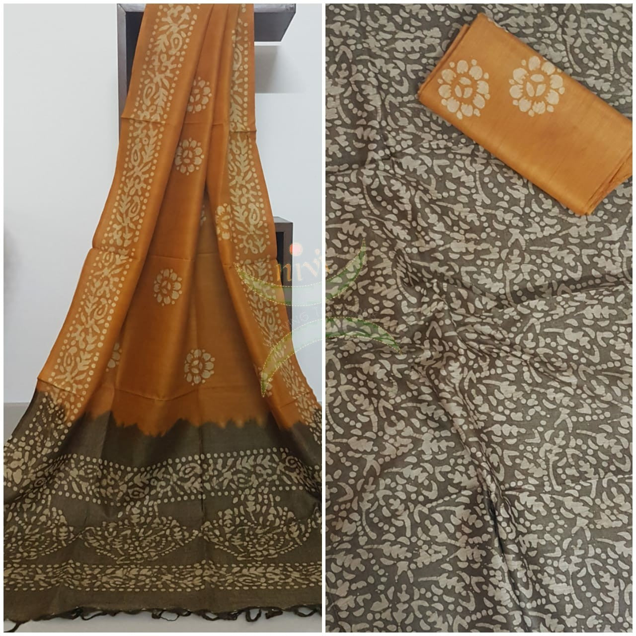 Mehendi green with Mustard  handloom silk blend batik printed 3 piece set