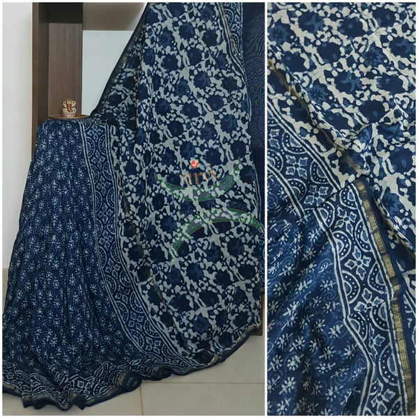 Handloom Chenderi Indigo with traditional hand block print. Saree comes with block printed indigo blouse.