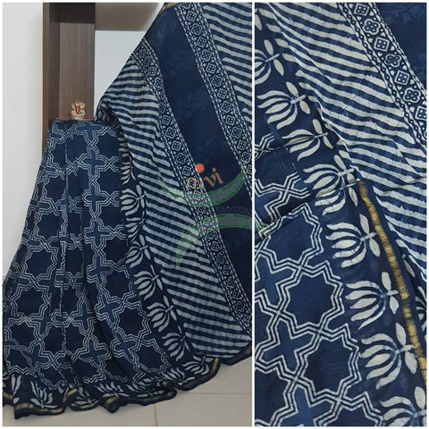 Handloom Chenderi Indigo with traditional hand block print. Saree comes with block printed indigo blouse.