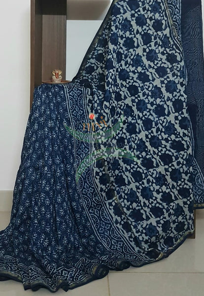 Handloom Chenderi Indigo with traditional hand block print. Saree comes with block printed indigo blouse.