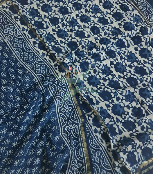 Handloom Chenderi Indigo with traditional hand block print. Saree comes with block printed indigo blouse.