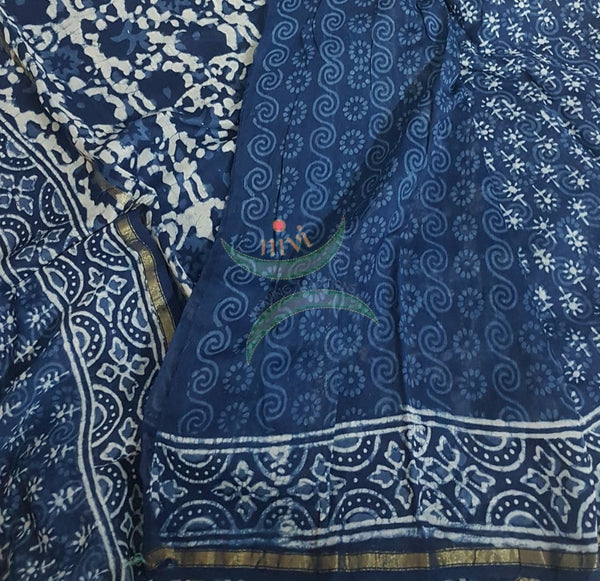 Handloom Chenderi Indigo with traditional hand block print. Saree comes with block printed indigo blouse.