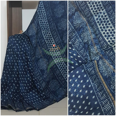 Handloom Chenderi Indigo with traditional hand block print. Saree comes with block printed indigo blouse.