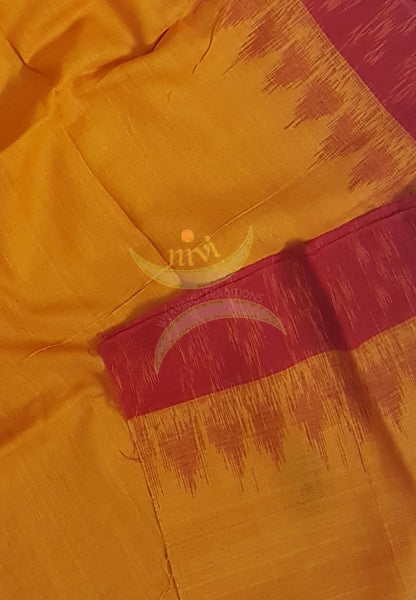 Mustard with Red Handloom mul cotton ikat blouse piece. Comes with 36 inches width.